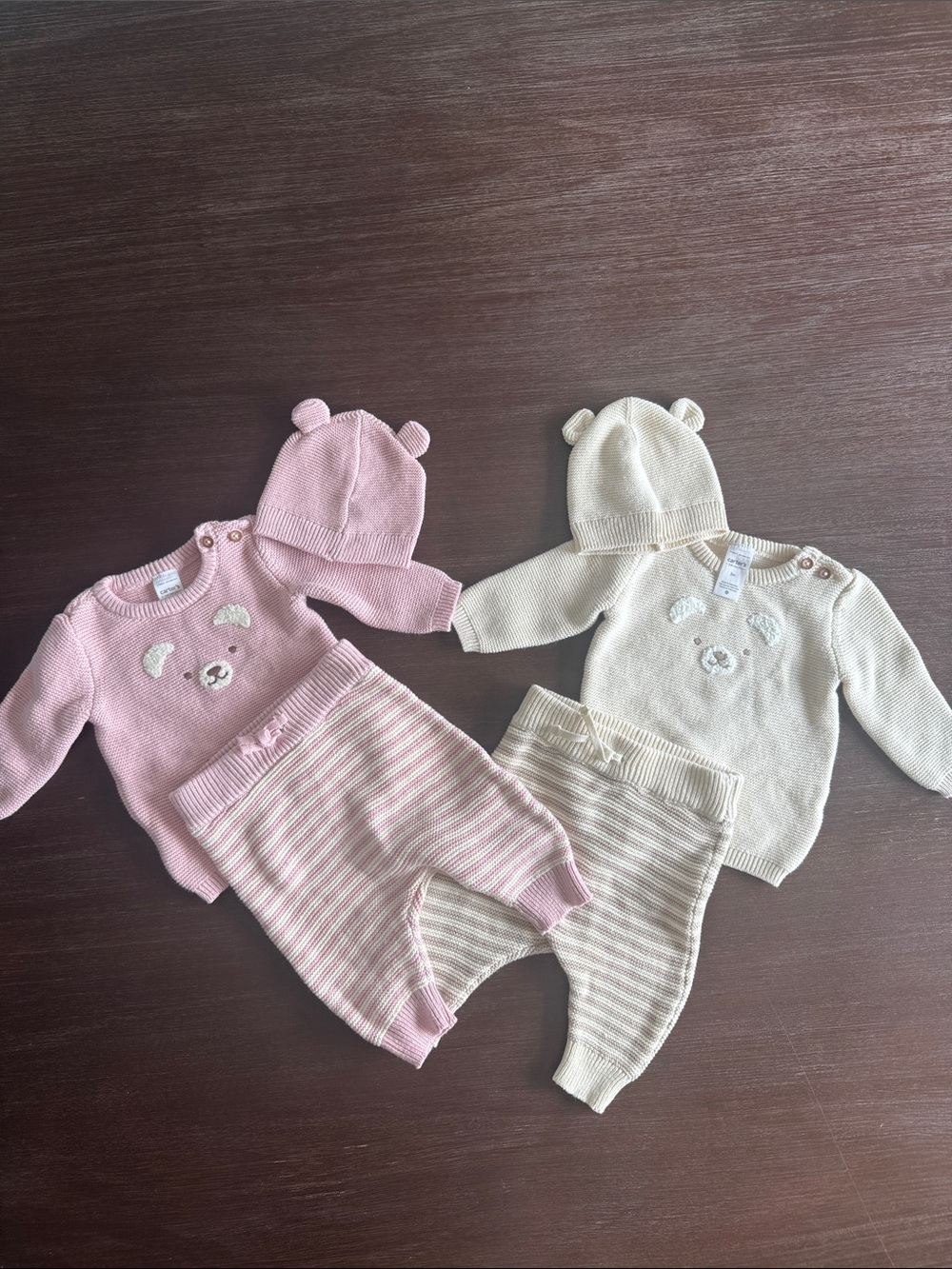 Twins coordinating- Carter's Baby Knit Bear Sweater & Pant Set - Pink and Cream